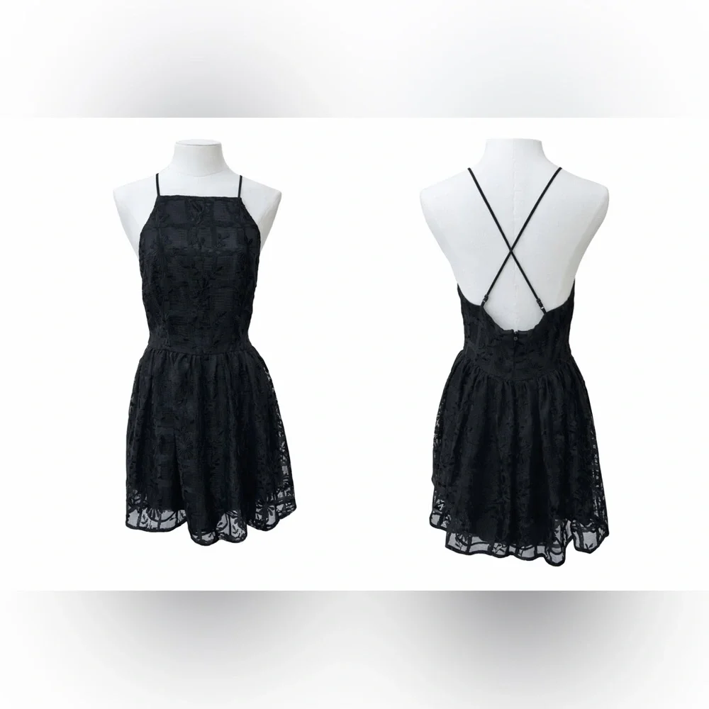 BEBE Black Embroidered Mesh Fit & Flare Mini Dress – Crisscross Back – Size 6 - Picture 3 of 16